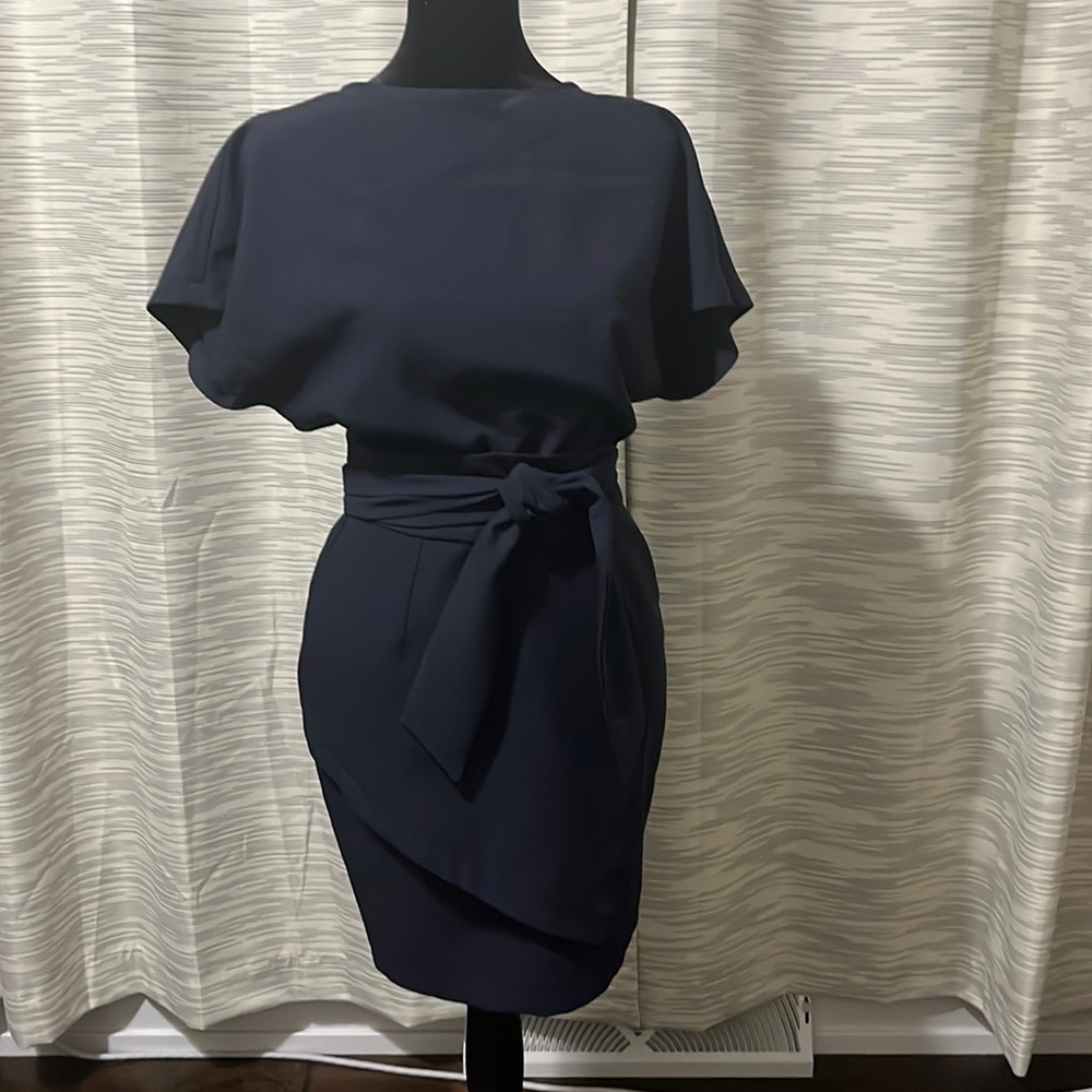 Navy Blue faux wrap dress with open back - Size 2